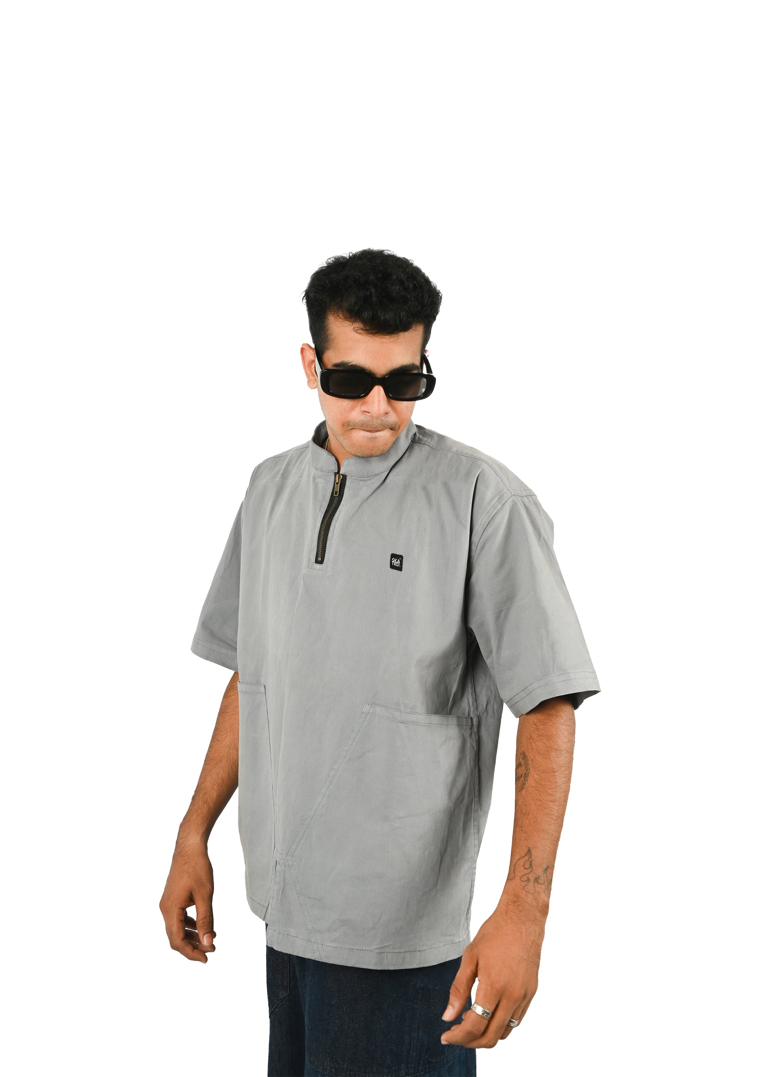 OVERSIZED BAND COLLAR SHIRT WITH ZIPPER